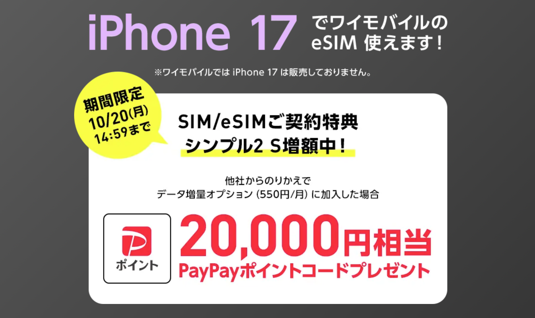 ワイモバイル SIMのみ乗り換えで20,000園相当還元